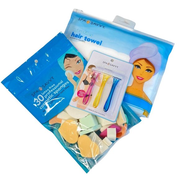 Spa Savvy Gift Pack 3 Razors 1 Hair Towel 30 Cosmetic Sponges Girls Gift Party - Picture 8 of 8